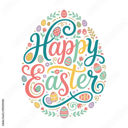 Happy Easter Typography. Colorful Egg Decoration Spring Greeting Vector Illustration