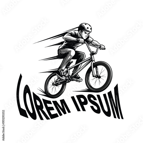 A black and white illustration of a cyclist riding a BMX bike wearing a tshirt with a dynamic motion effect on a clean background