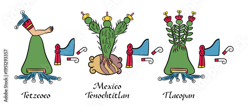 Aztec Empire, Triple Alliance, glyphs of city-states. Water shoulder on mountain stand for Tetzcoco. Prickly pear cactus on stone for Mexico-Tenochtitlan. Flower stems on mountain for Tlacopan. Vector