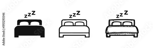 Bed sleep icon set. Sleep time symbol in glyph, outline, and hand-drawn style. Rest, comfortable, dream, and bedtime concept.