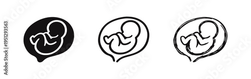Fetus inside womb icon set. Pregnancy symbol in glyph, outline, and hand-drawn style. Baby, prenatal, embryo, and maternity concept.
