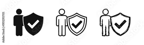 Person protection icon set. User security symbol in glyph, outline, and hand-drawn style. Privacy, safety, insurance, and trust concept.