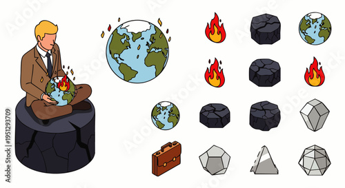 Isometric illustration of a businessman on coal holding a burning Earth, representing global warming, climate change, fossil fuel impact, and environmental crisis.