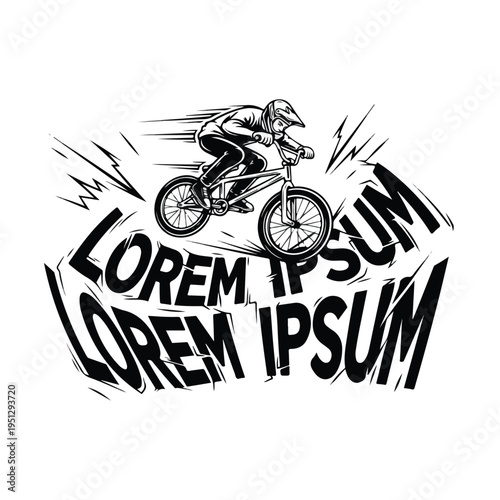 A black and white graphic illustration of a bmx rider wearing a tshirt, riding a bike with motion lines, conveying a dynamic and energetic mood on a white background