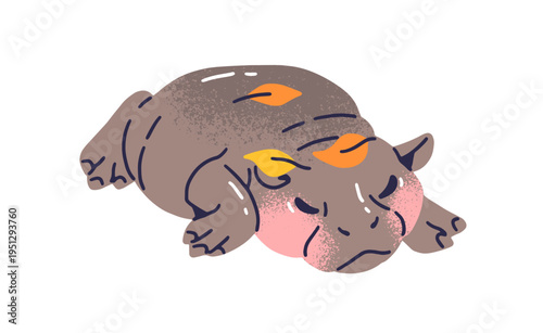 Funny baby hippo sleeps under falling faded leaves. Cute asleep hippopotamus is lying and having a rest. Happy animal character has a nap in autumn. Flat isolated vector illustration on white