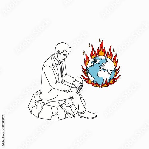 Worried businessman sits on cracked ground, contemplating the burning Earth, symbolizing the urgent climate change crisis, global warming, and environmental destruction.