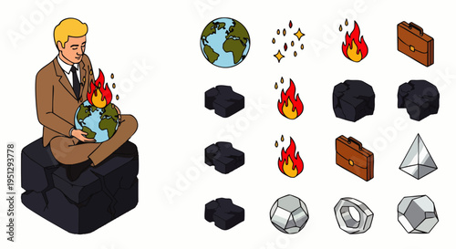 Isometric illustration: Businessman holding burning Earth, sitting on coal. Symbolizes global warming, climate change, fossil fuel impact, and environmental crisis.