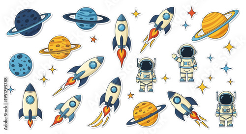 Space Exploration: Astronauts, Rockets, Planets, and Stars - Vector Illustration