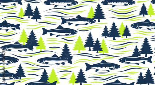 Seamless Pattern: Salmon Fish, Pine Trees, and Wavy Water - Outdoor Adventure Theme