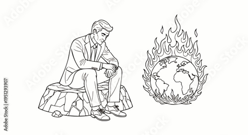 Concerned man in suit sits contemplating a burning Earth, symbolizing the global warming crisis, climate change, and environmental destruction. Vector line art illustration.