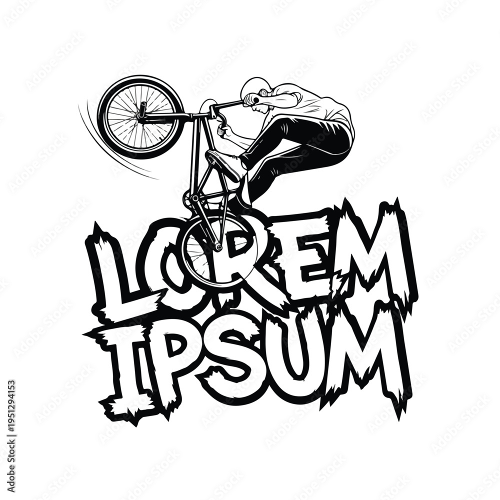 Fototapeta premium A black and white illustration of a BMX rider performing a trick on a bike with a tshirt design featuring 'LOREM IPSUM' text