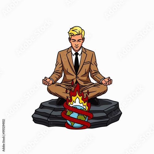 Calm businessman meditating in a suit above a burning Earth, symbolizing environmental crisis, climate change, corporate power, and global issues. Cartoon illustration.