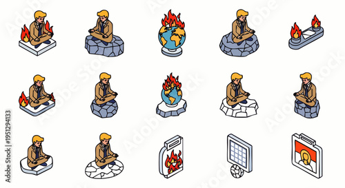 Isometric illustration set featuring a meditating figure surrounded by flames, representing inner turmoil, global warming, and spiritual resilience. Modern vector art.