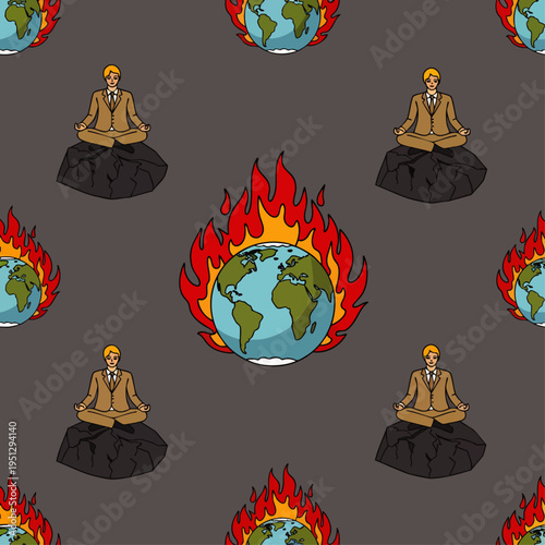 Seamless pattern of Earth burning and businessman meditating on coal, illustrating climate change, fossil fuel impact, and environmental crisis.