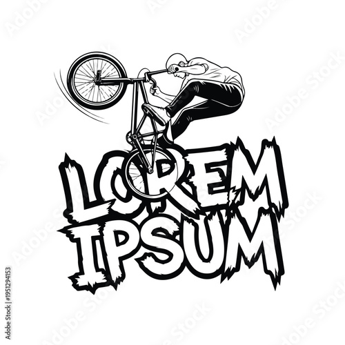 A black and white illustration of a BMX rider performing a trick on a bike with a tshirt design featuring 'LOREM IPSUM' text