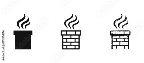 Chimney smoke icon set. Industrial emission symbol in glyph, outline, and hand-drawn style. Air pollution, factory, and heating concepts.