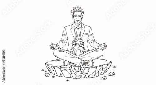 Mindful businessman meditating in lotus position holding a globe, symbolizing global consciousness, environmental responsibility, and sustainable leadership.
