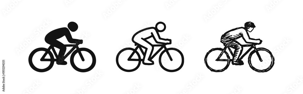 Obraz premium Cyclist riding a bicycle icon set in various styles, isolated on white background.