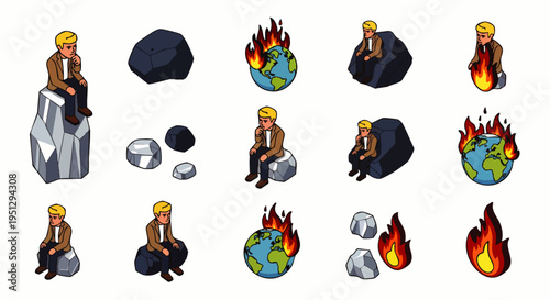 Isometric pixel art man contemplating environmental crisis, sitting on various rocks near a burning Earth, global warming and climate change concept.