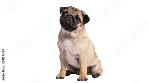 Isolated fawn pug dog with tilted head sitting and looking up, adorable pet portrait