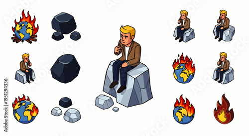 Isometric illustration of a pensive man sitting on a rock, observing burning Earth globes, symbolizing climate change, environmental crisis, and global warming.