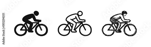 Cyclist riding a bicycle icon set in various styles, isolated on white background.