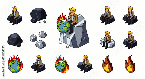 Isometric pixel art illustration set depicting a man contemplating global warming, environmental crisis, and the burning Earth, symbolizing despair and future challenges.