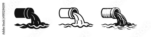 Industrial waste water pollution pipe pouring liquid into waves icon set, isolated on white background.