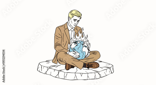 Man in suit sits on melting ice floe, holding a burning earth, symbolizing the urgent climate change crisis and environmental responsibility.