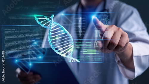 Doctor in lab coat interacting with virtual DNA helix and digital interface in dark background