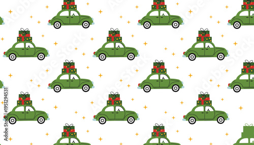 Cartoon festive car pattern illustration with green cars carrying gift boxes and holiday sparkles