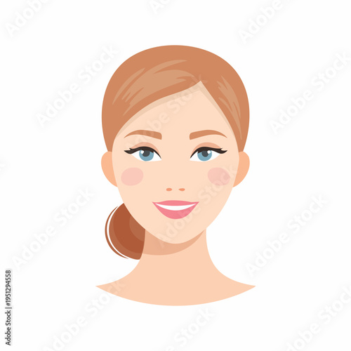Smiling young woman face illustration with brown hair bun