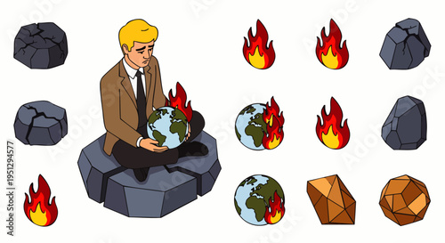 Isometric illustration of a worried man holding a burning Earth, surrounded by flames and cracked rocks, depicting the severe global warming and climate crisis.