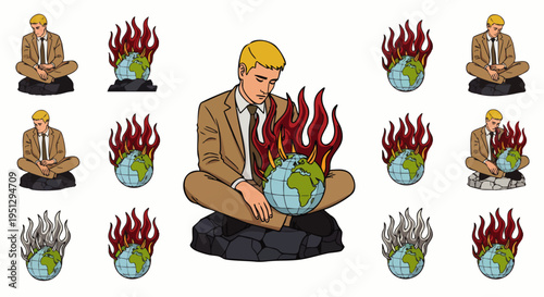 Businessman meditating with a burning Earth, representing global warming, climate crisis, environmental contemplation, and urgent ecological issues.