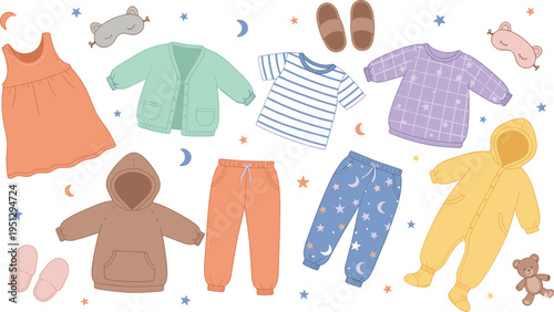 Cartoon children’s clothing and sleepwear illustration with cozy outfits, pajamas, slippers, and teddy bear accessories