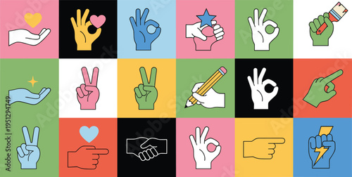 Cartoon colorful hand gestures illustration with creative symbols for communication, cooperation, and artistic design