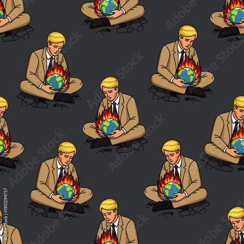Seamless pattern: Cartoon man in a suit holding a burning Earth, symbolizing global warming, climate change, and environmental crisis. Ecological disaster concept.