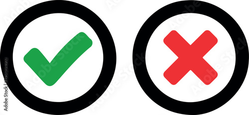 Green Check Mark and Red Cross Icons in Black Circles Approval and Rejection Symbols Minimal Vector Illustration Set