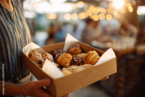 Wallpaper Mural close up of a happy customer holding a box of assorted homemade pastries at a charity bake sale, warm natural lighting, shallow depth of field, Torontodigital.ca