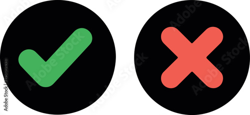Green Check Mark and Red Cross Icons in Black Circles Approval and Rejection Symbols Minimal Vector Illustration Set