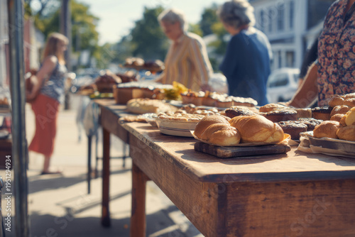 Wallpaper Mural medium shot of a small town community bake sale on a sunny day, people interacting naturally, wooden tables with baked goods, clean composition, Torontodigital.ca
