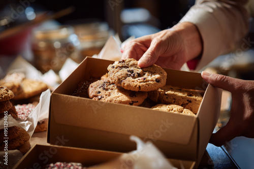 Wallpaper Mural close-up of hands placing cookies into paper box for customer, detailed crumbs and icing texture, shallow depth of field, daylight, Torontodigital.ca