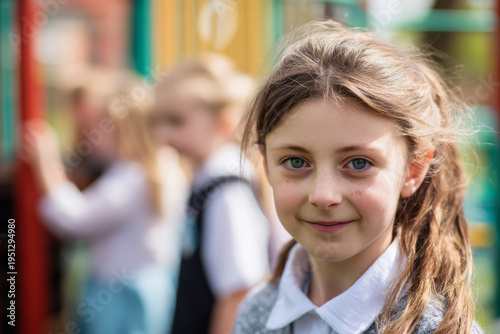 Wallpaper Mural close up of young girl smiling confidently on playground, blurred classmates behind, natural daylight, Torontodigital.ca