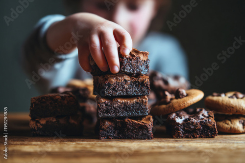 Wallpaper Mural close-up of stacked brownies and cookies with child reaching to pick one, shallow depth of field, realistic skin tones, Torontodigital.ca