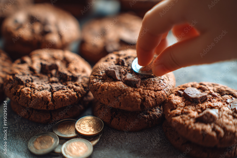 Fototapeta premium close-up of homemade chocolate cookies with child counting coins beside them, detailed texture, soft bokeh,