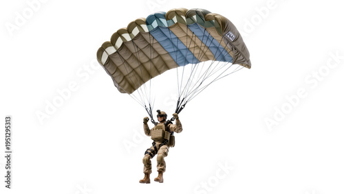 Photos Isolated brave military soldier paratrooper descending with tactical gear and open parachute