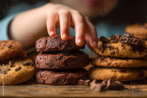 Wallpaper Mural close-up of stacked brownies and cookies with child reaching to pick one, shallow depth of field, realistic skin tones, Torontodigital.ca