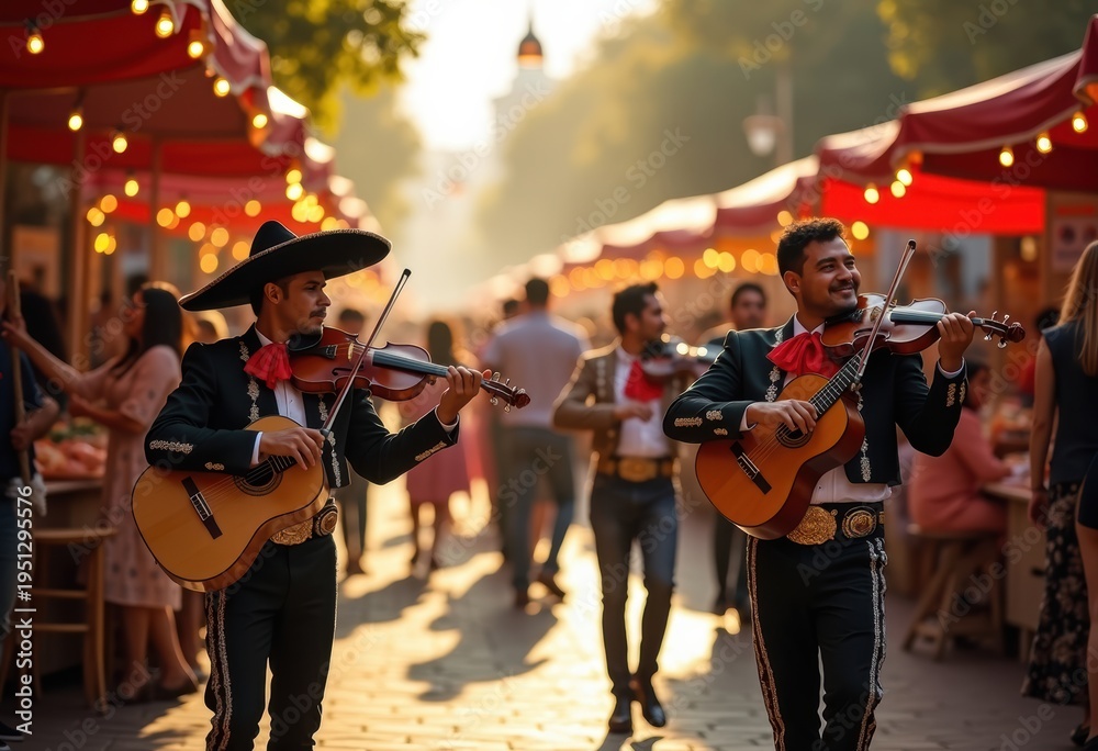 Fototapeta premium Burgeoning Street Scene Celebrating Cultural Heritage with Mariachi Bands and Traditional Food Stalls