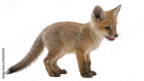 Quadro su tela Isolated red fox cub standing, a cute young wild animal with reddish fur and a b