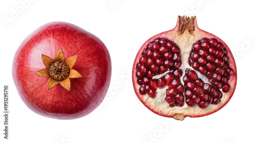 Photos Isolated whole and a half cut fresh ripe pomegranate fruit showing juicy red ari